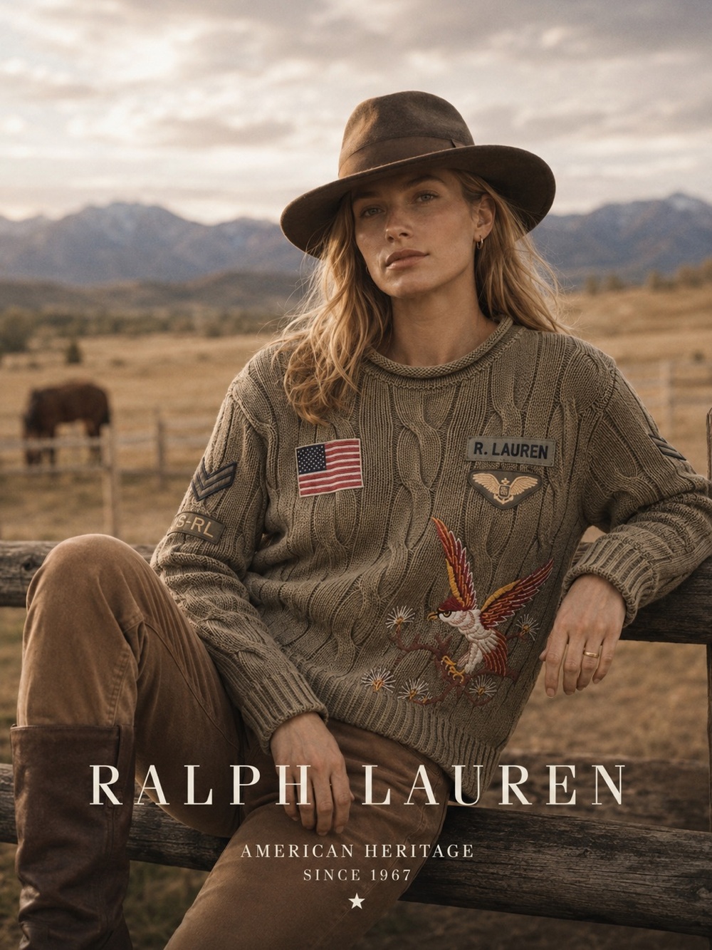Polo by Ralph Lauren Olive Green Cable-Knit Crewneck Sweater with Patches